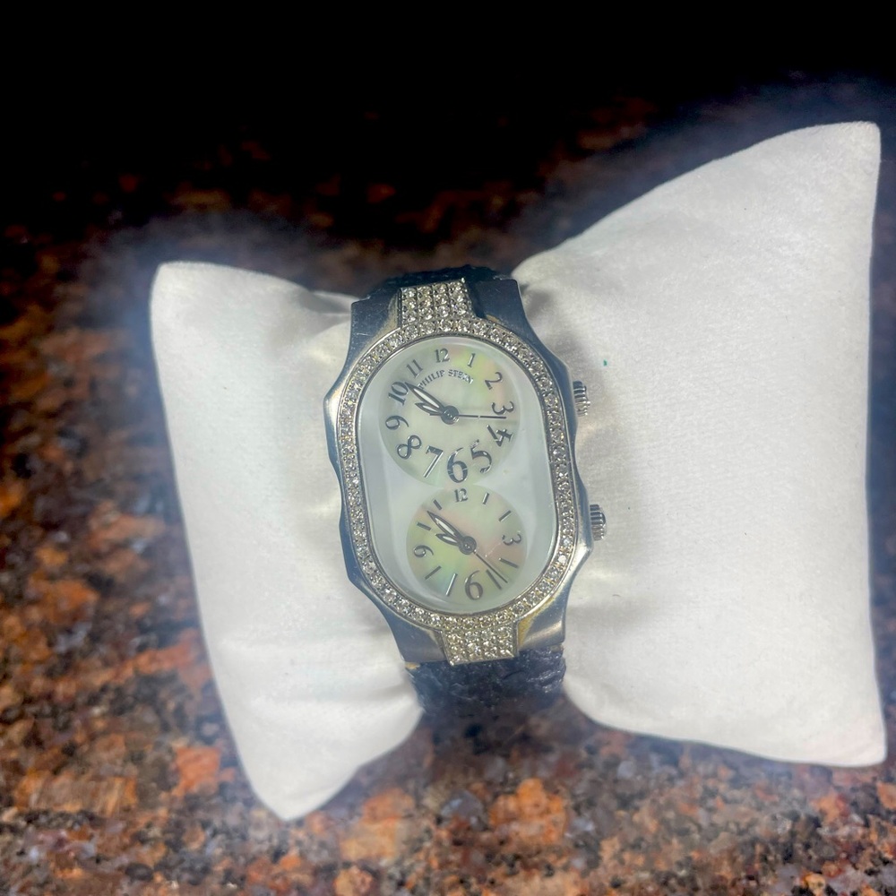 Philip Stein Teslar Dual Time Natural Frequency Women's Watch w Diamonds 8 bands